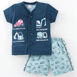 Cucumber Cotton Sinker Knit Half Sleeves Night Suit Construction Vehicle Print - Blue-image-45