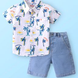 Babyhug Cotton Woven Half Sleeves Shirt & Denim Shorts Set With Palm Tree Print - White & Blue-image-66