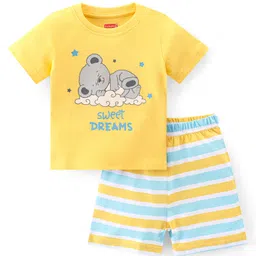 Babyhug Cotton Knit Single Jersey Half Sleeves Night Suit With Teddy Print - Yellow-picture-22