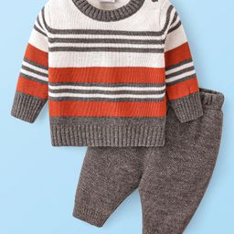 Babyhug Knitted Full Sleeves Striped Pullover Sweater Set - Grey-image-56