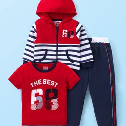 Babyhug Cotton Knit Full Sleeves Striped Hoodie With T-Shirt & Lounge Pants - Multicolor-picture-45