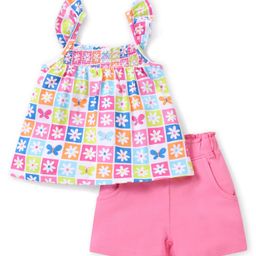 Babyhug Cotton Knit Frill Sleeves Top and Shorts Set With Floral Print - Pink-picture-11