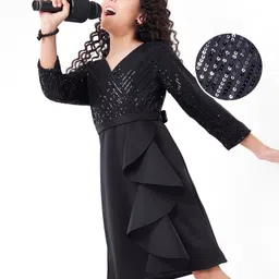 Hola Bonita Full Sleeves Sequined Party Frock with Front Overlapping &  Scuba Ruffle - Black-picture-17