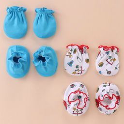 Ben Benny 100% Cotton Knit Mitten & Booties Set Solid & Toys Print Pack of 2- Blue & White-23