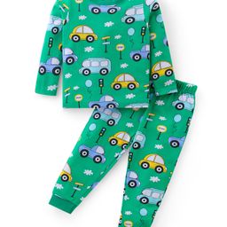 Babyhug Cotton Knit Full Sleeves Night Suit With Cars Print - Green-image-82