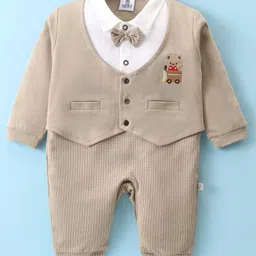 Mini Taurus Cotton Knit Full Sleeves Teddy Embroidered Party Romper With Bow Applique - Beige-picture-37