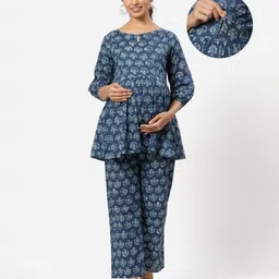 Ikk Kudi by Seerat Cotton Woven Three Fourth Sleeves Motif Printed Peplum Top With Zipper Nursing Access & Pant Set - Green-picture-25