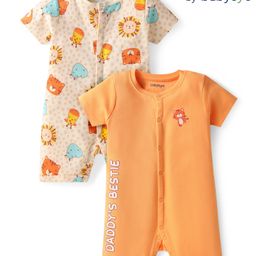 Babyoye 100% Cotton Knit Half Sleeves Eco Jiva Finish Rompers with Animal & Text Print Pack of 2 - Orange & Cream-image-40