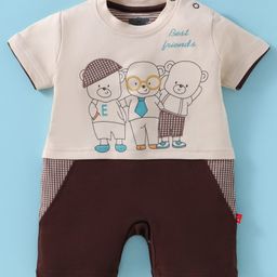 Mini Taurus Interlock Knit Half Sleeves Romper With Teddy Bear Print - Brown & Cream-image-2