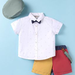 ToffyHouse Poplin Woven Half Sleeves Solid Colour Shirt & Shorts Set with Bow Hat & Suspender - Red & White-image-98
