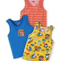 Babyhug 100 % Cotton Knit Sleeveless Sando with Beach Theme Print & Stripes Pack of 3 - Yellow Red & Blue-image-21