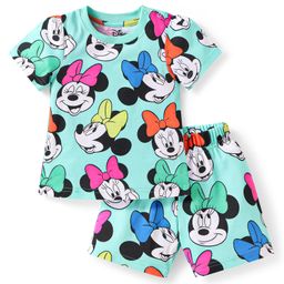 Babyhug Disney Single Jersey Knit Half Sleeves Co-ords Shorts Night Suit with Minnie Mouse Graphics - Turquoise-picture-12