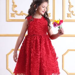 Mark & Mia Woven Sleeveless Textured Party Dress with Beads & Diamonds Embellishment - Red-image-30