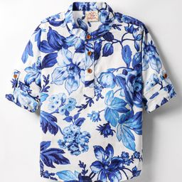 Rikidoos Full Sleeves Floral Printed Kurta Style Shirt - White & Blue-image-60