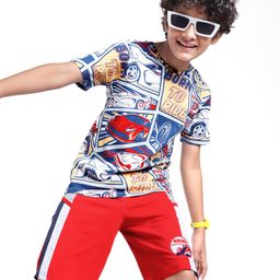 Ollington St. Cotton Half Sleeves Car Printed T-Shirt & Knit Shorts Set - White & Red-picture-16
