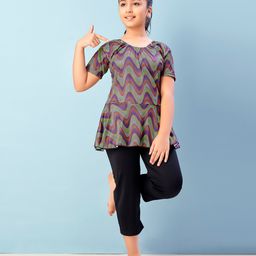 Aarika Half Sleeves Chevron Printed Frock Style Swimsuit - Green & Black-image-72