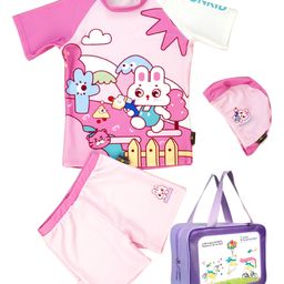 Little Surprise Box Spandex Half Raglan Sleeves Rabbit Printed Tee & Shorts With Cap & Wash Bag Set - Baby Pink-picture-17