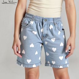 Arias By Lara Dutta Cotton Denim Medium WashedWoven Shorts With Heart Print - Blue-image-79
