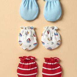 Ben Benny 100% Cotton Knit Mittens with Nautical Print & Stripe Design Pack of 3 - Red Light Blue & White-image-7