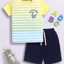 Little Ninja Cotton Half Sleeves Cute Dino Text Printed & Striped Tee & Shorts Set - Multi Colour-image-77
