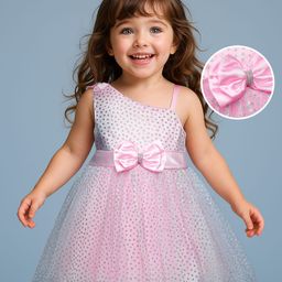 Babyhug Woven Sleeveless Mesh Party Dress With Foil Print & Bow Applique - Pink-image-44