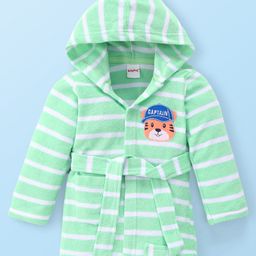 Babyhug Terry Cotton Knit Full Sleeves Bathrobe with Hood Stripe Design & Tiger Embroidery - Light Green-image-22
