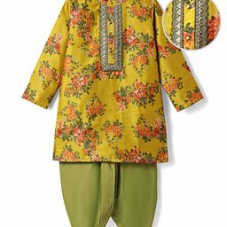 EARTHY TOUCH Rayon Woven Mandarin Collar Full Sleeves Kurta Dhoti Set With Floral Print - Mustard-image-55