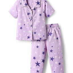 Babyhug Cotton Woven Half Sleeves Front Open Co-Ords Night Suit With Star Print - Lavender-image-30
