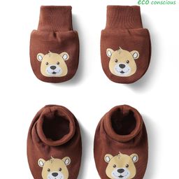 Babyoye 100% Cotton With Eco Jiva Finish Interlock Knit Mittens and Booties With Teddy Print - Brown-image-8