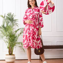 Bella Mama Woven Three Fourth Sleeves Maternity Shirt Dress With Floral Print - Pink-image-64