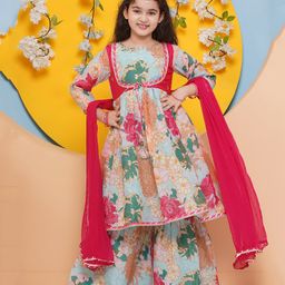 Bitiya By Bhama Silk Woven Three Fourth Sleeves Floral Printed Gota Lace Embellished Anarkali Style Kurta Sharara With Dupatta Set - Sea Green-image-74