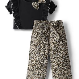 CrayonFlakes Cotton Knit Half Peasant Sleeves Bow Applique & Frill Detailed Top With Leopard Printed Palazzo Set - Black-picture-49