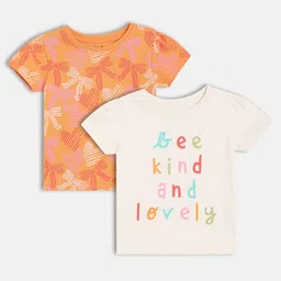 MINI KLUB Cotton Knit Pack Of 2 Half Sleeves Bee Kind Text & Ribbons Printed Tees - Multi Colour-picture-16
