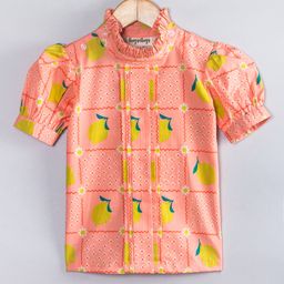 Hugsntugs Cotton Woven Half Puffed Sleeves Floral & Lemons Printed Top - Peach-image-78