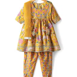 Teentaare Cotton Woven Three Fourth Sleeves Kurti Salwar Set with Dupatta & Floral Print - Yellow-picture-13