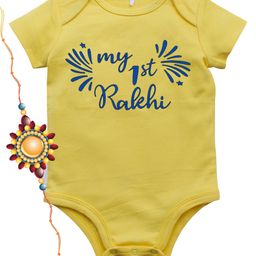Kadam Baby Cotton Knit Raksha Bandhan Theme Half Sleeves My 1st Rakhi Text Printed Onesie With Rakhi - Yellow-image-42