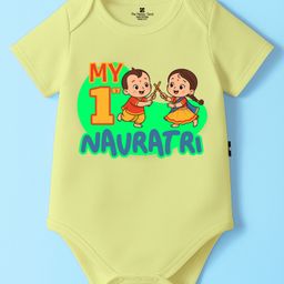The Peppy Tend 100% Cotton Knit Navratri Theme Half Sleeves My 1st Navratri Text Printed Onesie - Yellow-picture-3