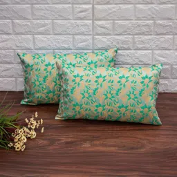 RoyalDeco Sea Green & Gold-Toned Set of 2 Ethnic Motifs Rectangle Cushion Covers-picture-7