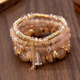 DressBerrySet Of 4 Gold-Plated Crystals Studded & Beaded Tribal Elasticated Bracelet-11