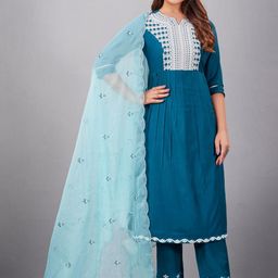 Suha Women Ethnic Motifs Embroidered Regular Thread Work Pure Cotton Kurta with Trousers & With Dupatta-picture-12