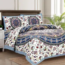 BED-SHEET.COM Blue & White Printed Pure Cotton 140 TC King Bedsheet Set 2.74 m x 2.54 m-0