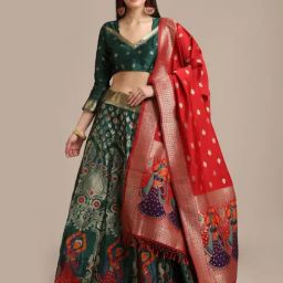 Atsevam Green Woven Pattern Semi-Stitched Lehenga Choli Set With Dupatta-picture-21