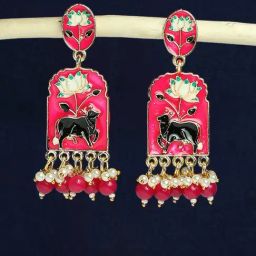 Oomph Rani Pink Meenakari Ethnic Gaou Mata Cow Animal Design Dangler Earrings-10
