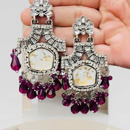 OPUS GEMS Artificial Stones Studded & Beaded Floral Shaped Drop Earrings-picture-42