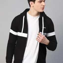UnderJeans by Spykar Men Black & White Solid Hooded Sweatshirt-picture-9