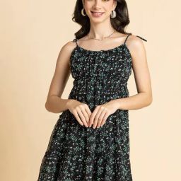 Moomaya Black & Blue Floral Print Fit & Flare Dress-image-55