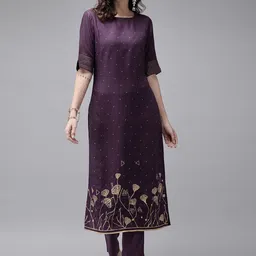Anouk Women Purple & Beige Printed Kurta with Trousers-picture-36