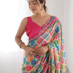 Kalista Bandhani Mirror Work Pure Chiffon Saree-17