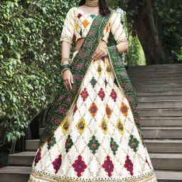 SHUBHKALA White & Green Silk Embroidered Lehenga and Choli Set With Dupatta-picture-2