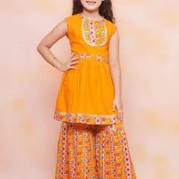 AJ Dezines Kids Mustard Floral Print Kurta with Sharara-picture-28
